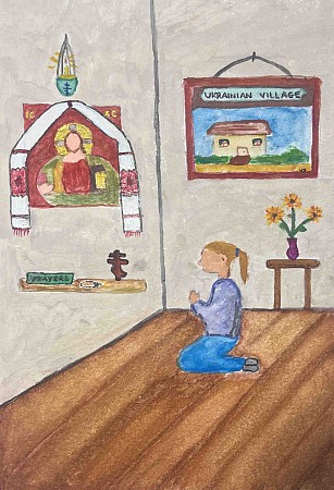 Group E - College Age  Victoria Swindle - My entry is a watercolor of a girl praying before an icon of Jesus Christ. On the wall there is also a painting of a Ukrainian village home. My Ukrainian Orthodox faith is at the forefront of my life.